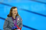 Gold medallist Katie Ledecky looks on following the medal ceremony for the Women's 800m Freestyle of the London 2012 Olympic Games (Photo by Paul Gilham/Getty Images)